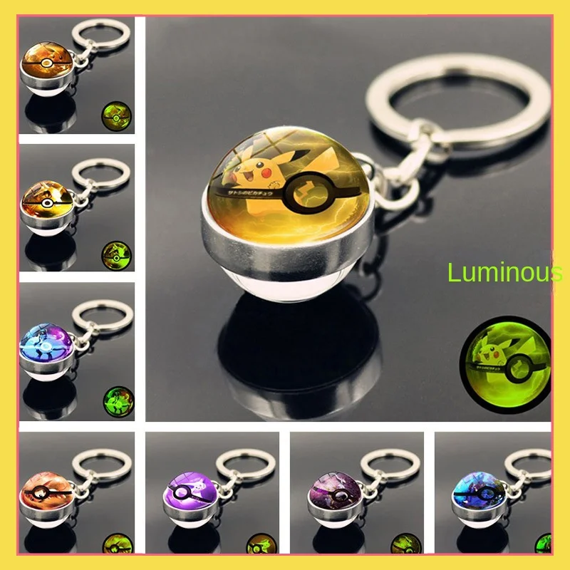 New pokemon Pocket Monster  Nighttime Glow Keychain Pendant Double sided Glass Ball Pendant Metal Keychain Bookbag Pendant