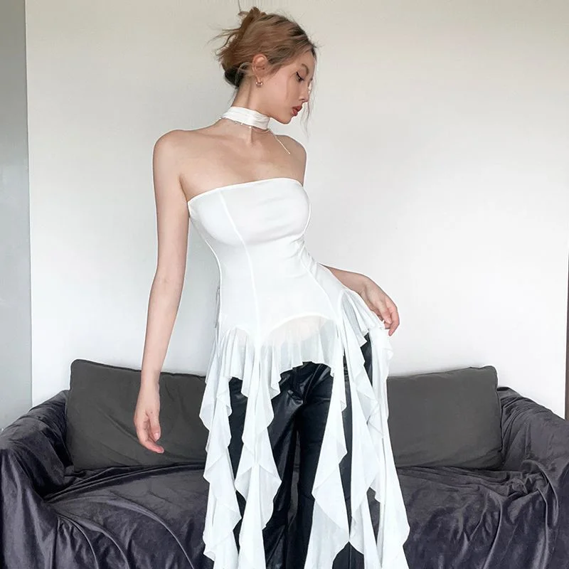 Women's Y2K Sexy Off Shoulder Halter Crop Top Solid White Sleeveless Summer Streetwear Tank Top High Street Style Party & Club