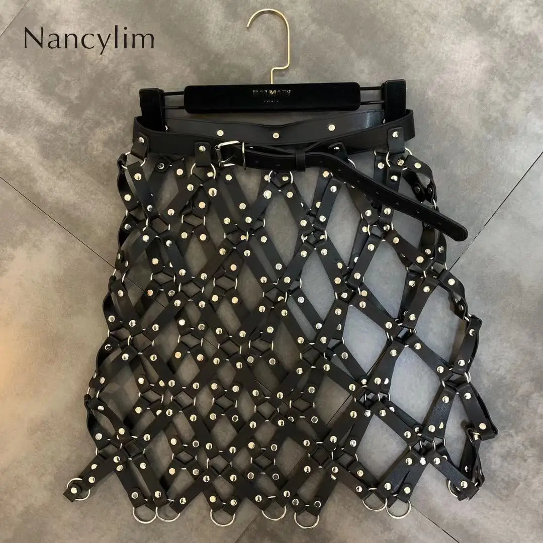 2023 Autumn New Pu Leather Skirt Women Sexy Diamond Grid Hollowed Out PU Skirt Outwear Nigh Club Lady Skirts Mini Mujer