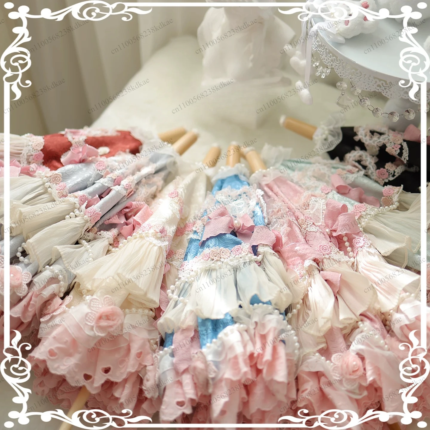 Vintage Long Handle Lace Decorative Umbrella Fog Blue Doll Shape Handmade Parasol Lolita Fashion Prop For Wedding Tea Party