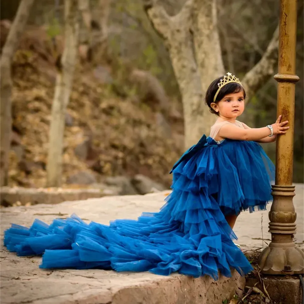 Strikplooi A-lijn prinses baby bloemenmeisje jurk knielengte sweep trein elegante formele eerste communie jurk op maat nieuw