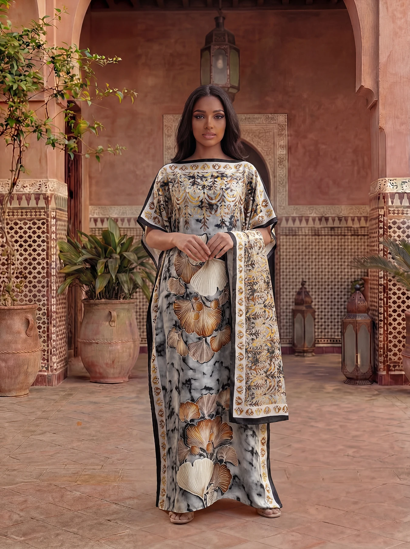 Ginkgo Leaf Print Satin Abaya With Scarf, Loose Maxi Kaftan For African Muslim Women Summer Beach Wear