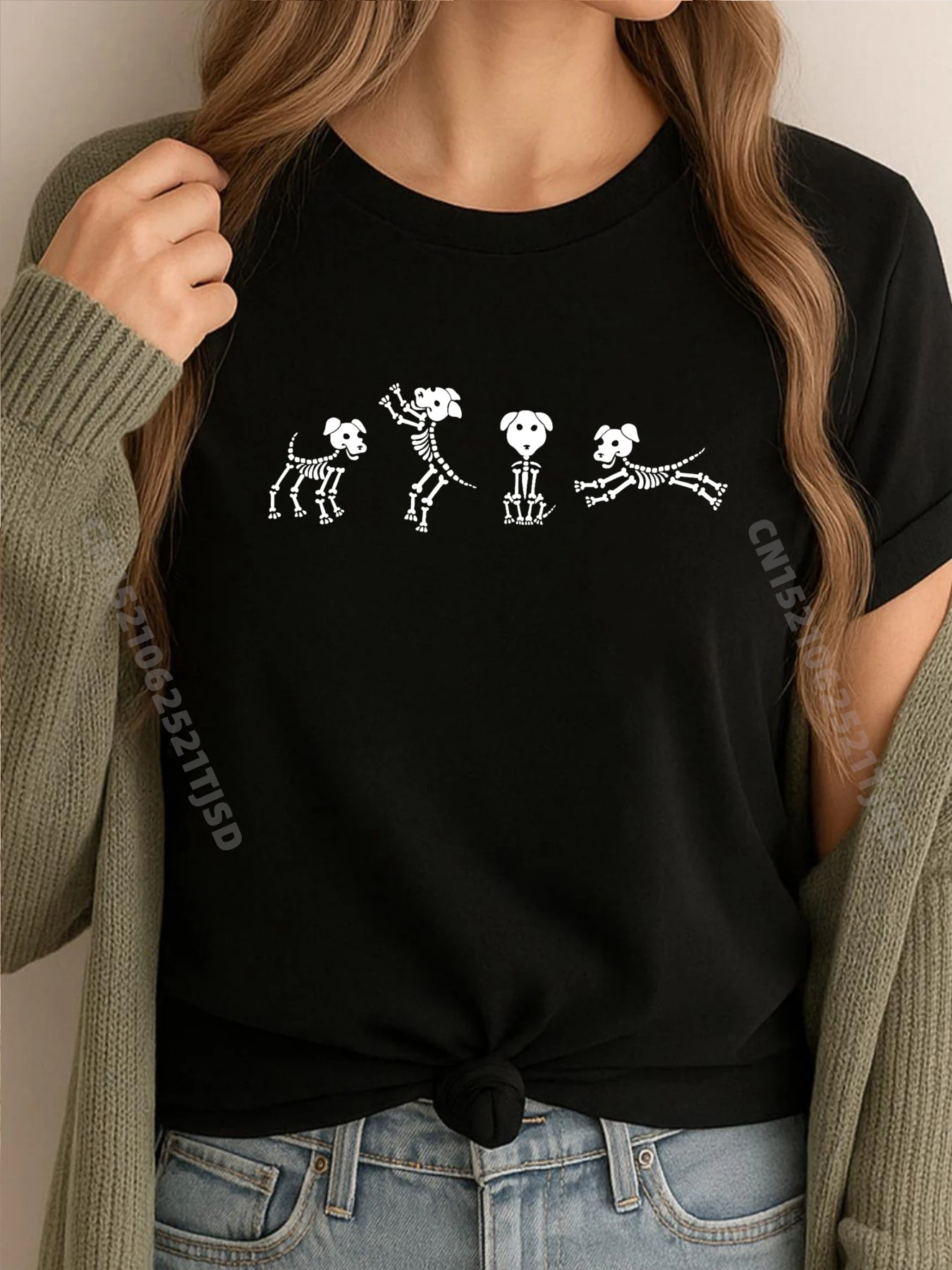 

Spooky Dancing Dog Skeletons Classic White Halloween Luxury T Shirt Woman High Quality T-Shirt WashedCinco de Mayo