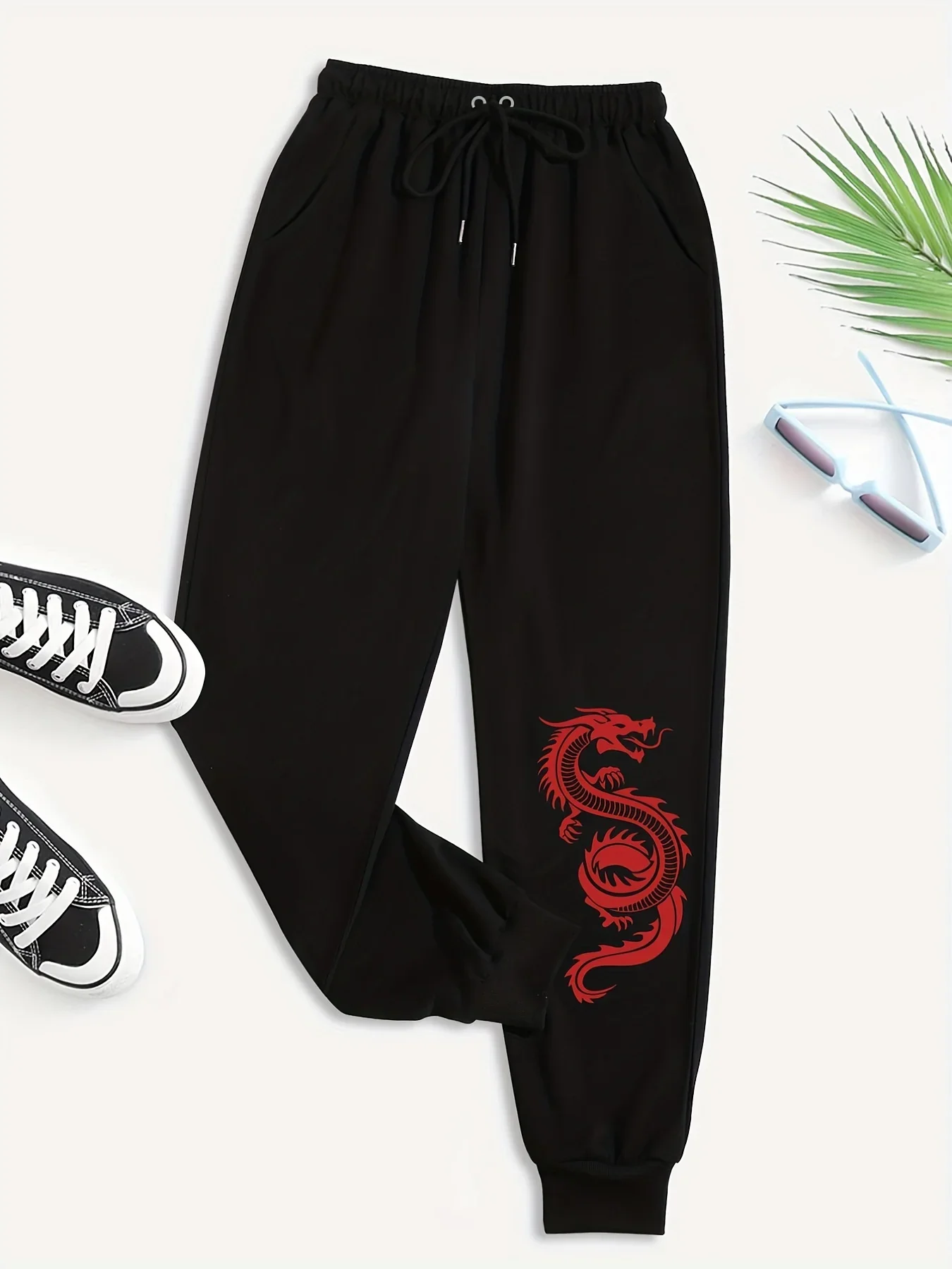 

Dragon Print Slant Pocket Elastic Waist Pants Jogger Drawstring Loose Women's Long Pant Fashion Casual Female Sports Sweatpants