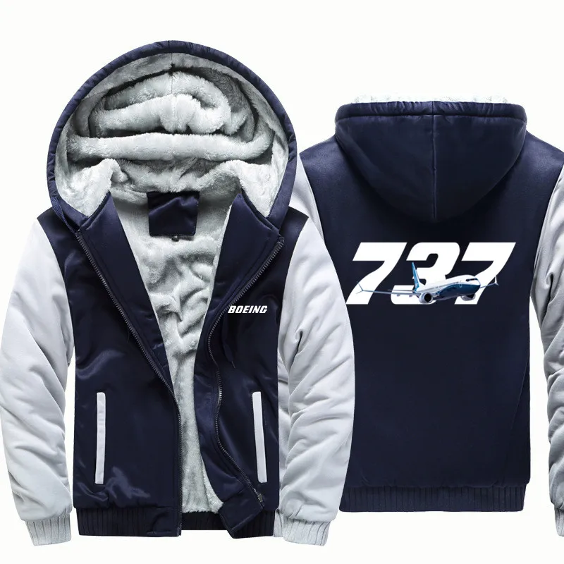 Super Boeing 737 Fleece Warm Wool Aviation Pilots Flight Men Coat Jackets Zipper Hooded Thick Hoodies Sweatshirts