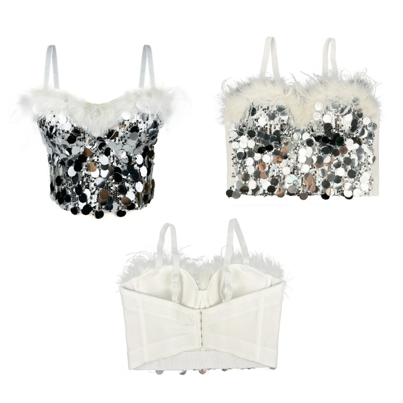 Women's Adjustable Strap Sequins Corset Crop Top with Boning Support Push Up Bustier Camisole for Party Wear