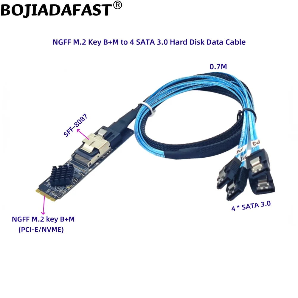 NGFF M.2 Key B+M Key-M NVME Interface Mini SAS SFF-8087 Adapter Controller Card + 4 * SATA 3.0 Hard Disk Data Cable 70CM