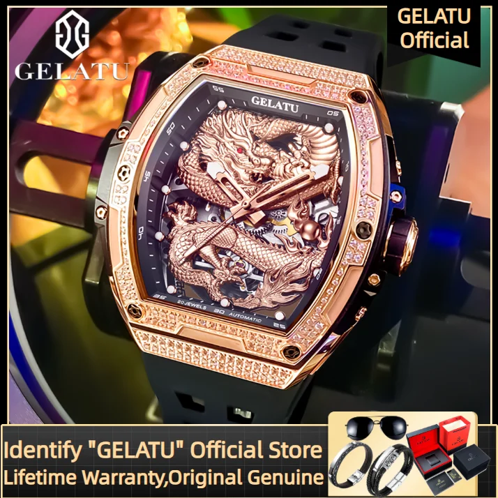 

GELATU 6021 Original Luxury Men's Watch 3D dragon Dial Silicone Strap Waterproof Luminous Men's Watch