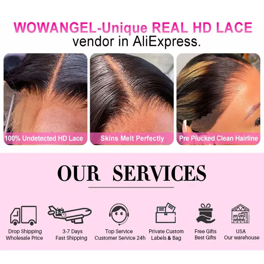 Wow Angel 13x4 13x6 HD Lace Frontal Only Melt Skins Brasilianisches Glattes Echthaar 5x5 6x6 HD Lace Closure Vorgezupft Freier Scheitel – Detail 1