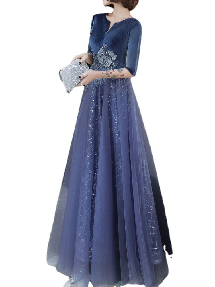 Customized Elegant Velvet Small V Neck Half Sleeve Slim Fit Evening Vestidos Front Flower Appliques Prom Dresses Exquisite Lurex