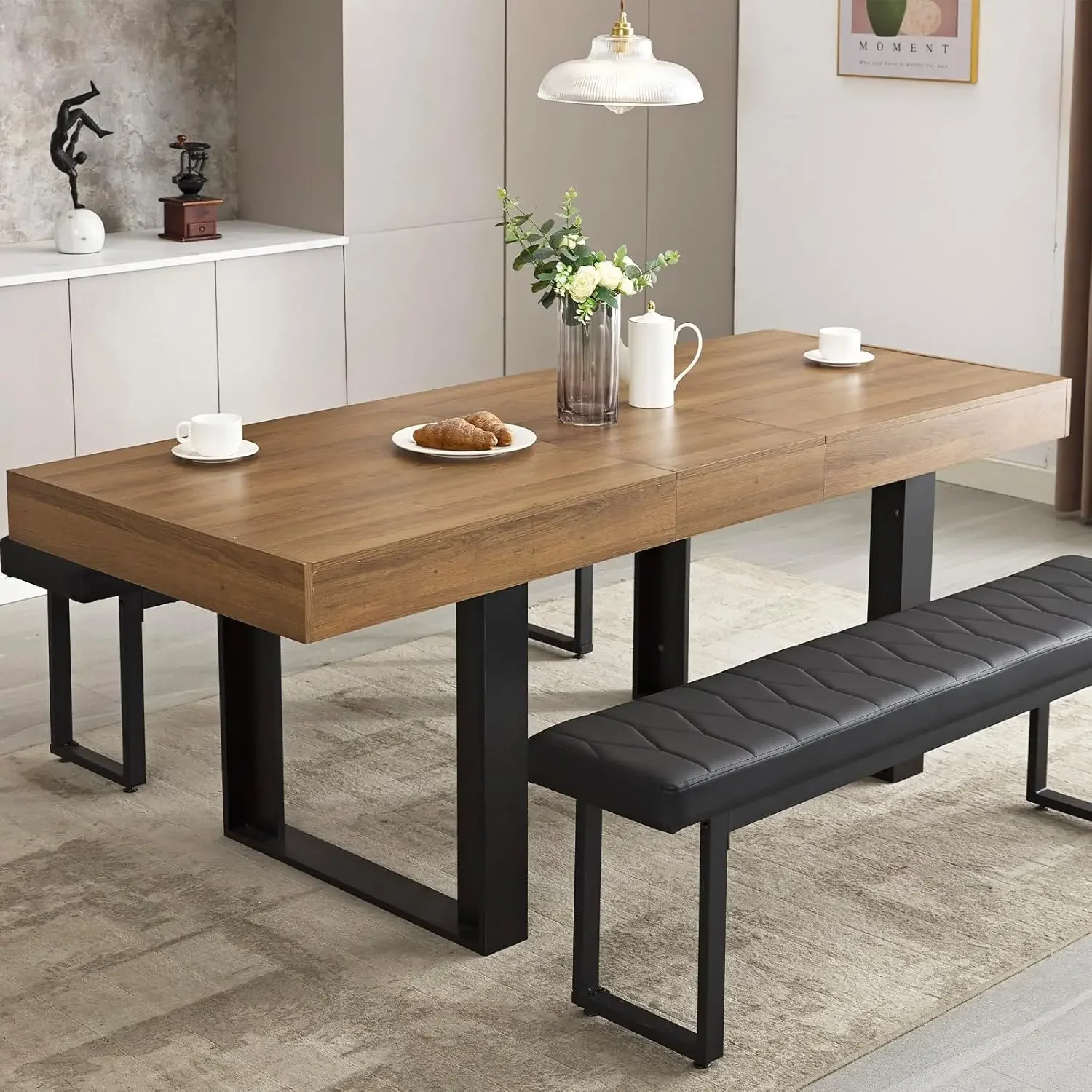 Table de salle à manger extensible pour 6, 8, 10, 63 "-79", table extensible de cuisine en bois de ferme moderne, longue et grande