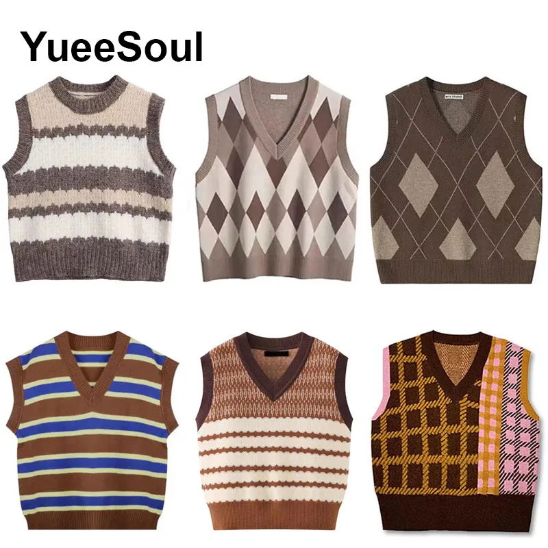 Japan Style Vintage Brown Women Knit Vest V Neck Sleeveless Loose Oversized Sweater Vest 2023 New Autumn Y2K Waistcoat Outerwear