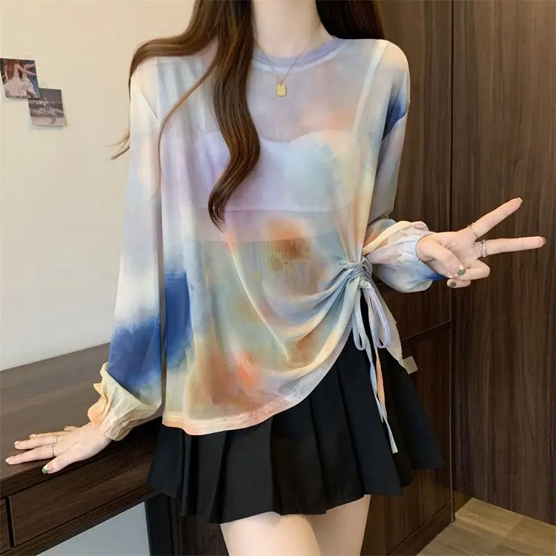 O Neck Loose Perspective Pullovers Summer Thin Ice Silk Lacing Drawstring Tops Tees Simplicity Fashion Casual Clothes for Women