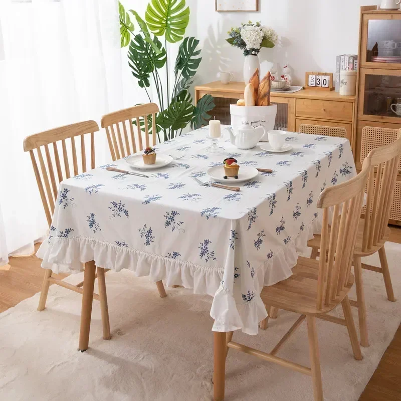 

French Blue and White Porcelain Embroidery Waterproof and Oil Resistant Skirt Hem Lotus Leaf Wood Ear Edge Tablecloth