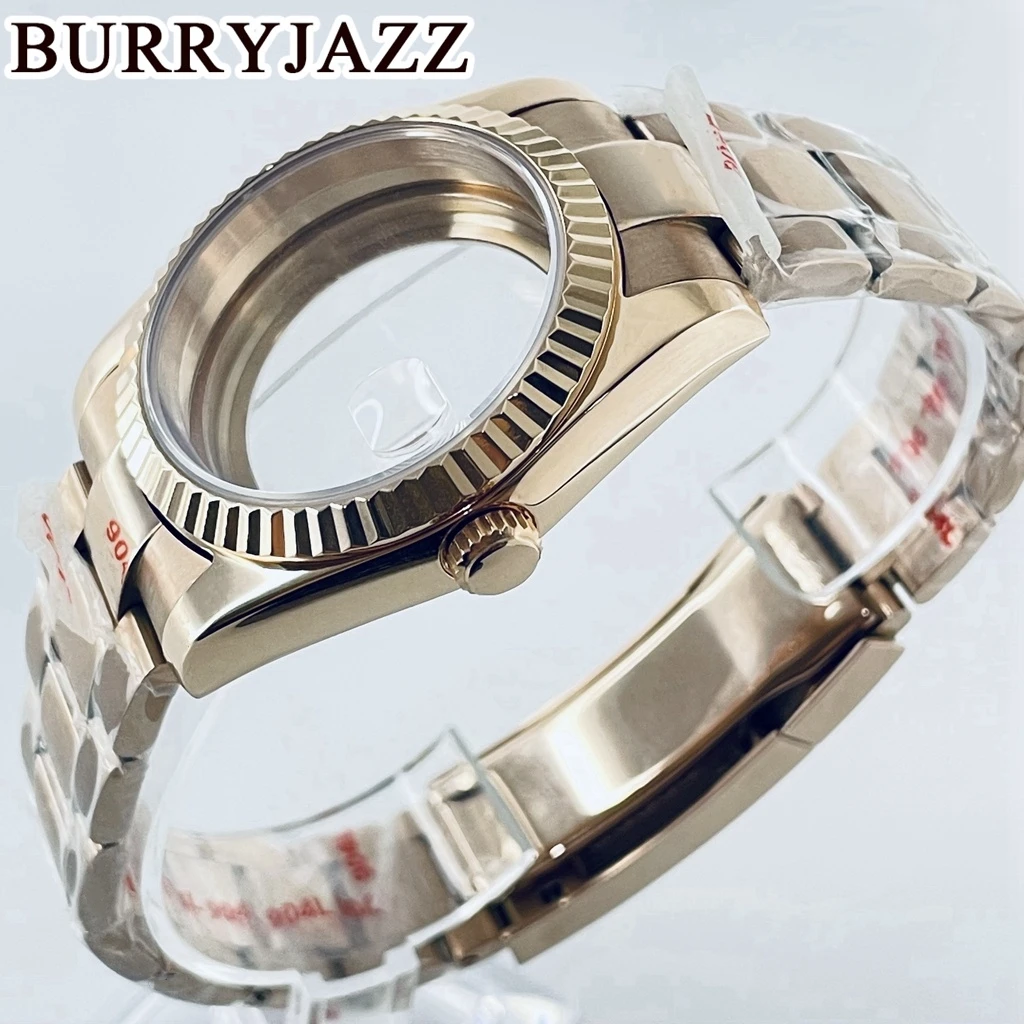 حافظة ساعة من الذهب الوردي من Burryjazz ، حافظة من الفولاذ المقاوم للصدأ ، كريستال ياقوت مقاوم للماء ، 36 من من ، 40 ، NH34 ، NH35 ، NH36 ، NH38 ، PT5000 ، ETA2824