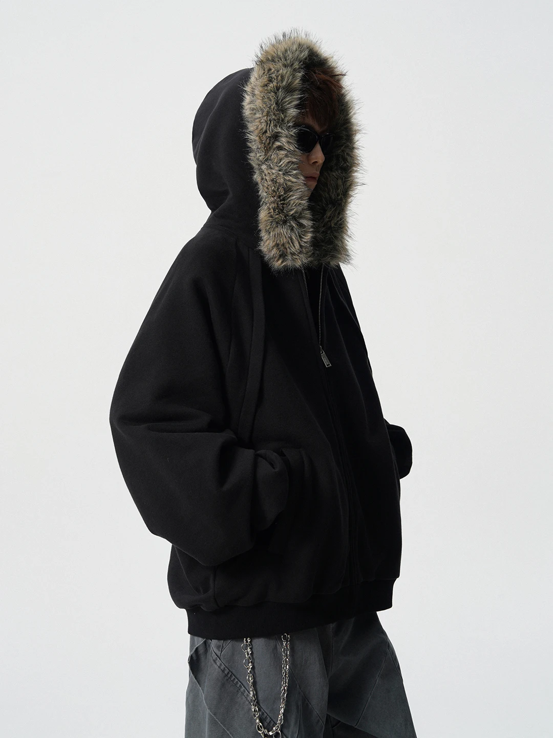 American Style Thickened Hooded Open Cardigan Sweatshirt Men's Autumn Winter Casual Large Fur Collar Warm Leisure Top