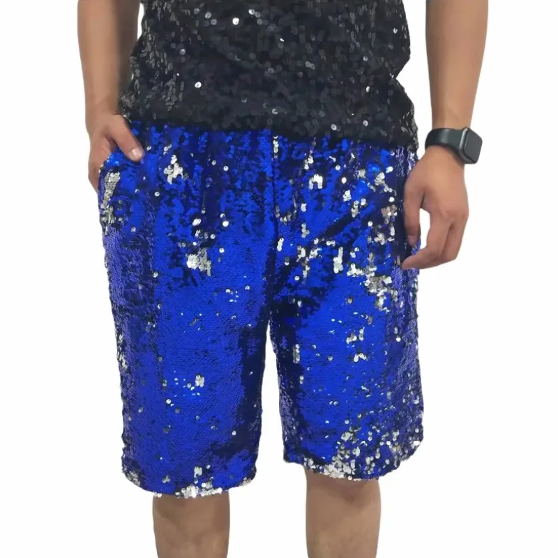 반짝 이는 남자 스팽글 반바지 실버 블루 플립 사이드 남성 나이트 클럽 바 카니발 파티 축제 레이브 무대 공연 의상