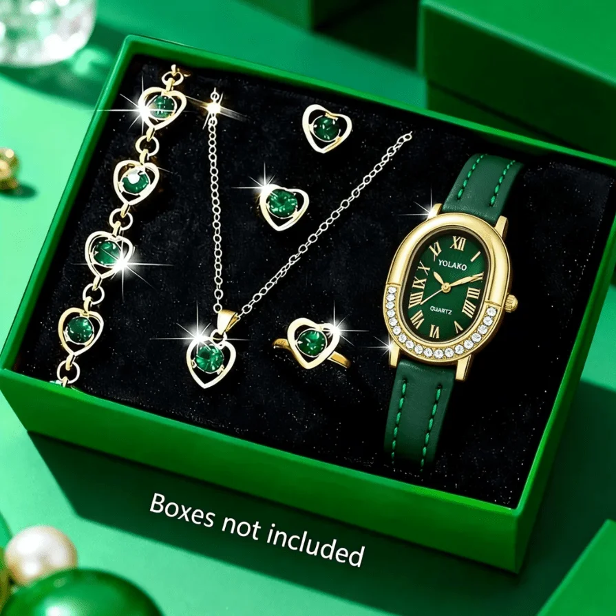 6pcs/set Women's Casual Watch and Bracelet Necklace Earring Ring, Suitable for Wearing in Various Occasions (No Gift Box)
