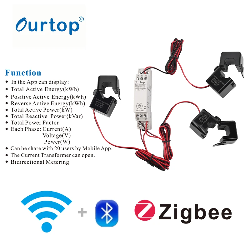 Licznik energii Zigbee, trójfazowy, 100-240V, zdalne sterowanie przez aplikację mobilną, wielofunkcyjny licznik energii do użytku domowego, montowany na szynie DIN.