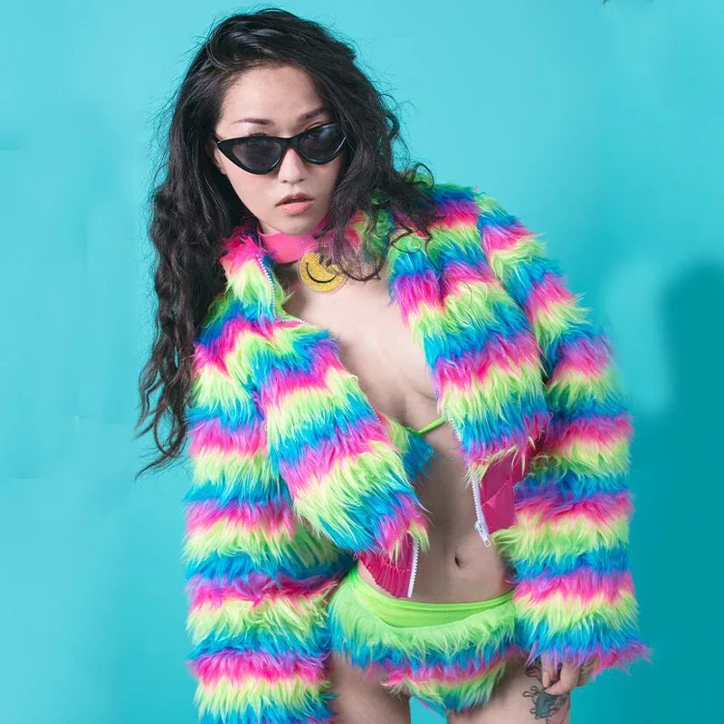 Sexy pole dance roupas femininas arco-íris listrado pele biquíni casaco boate dj ds gogo dançarino trajes palco rave outfit xs5314