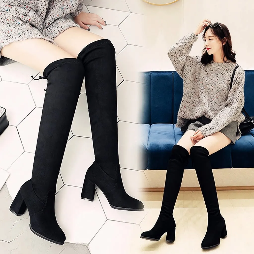 

Over-Knee Thickened Boots Elastic Boots Winter New Velvet Sharp-Pointed High-Heeled Women's Boots Yangjing Brand Europ...