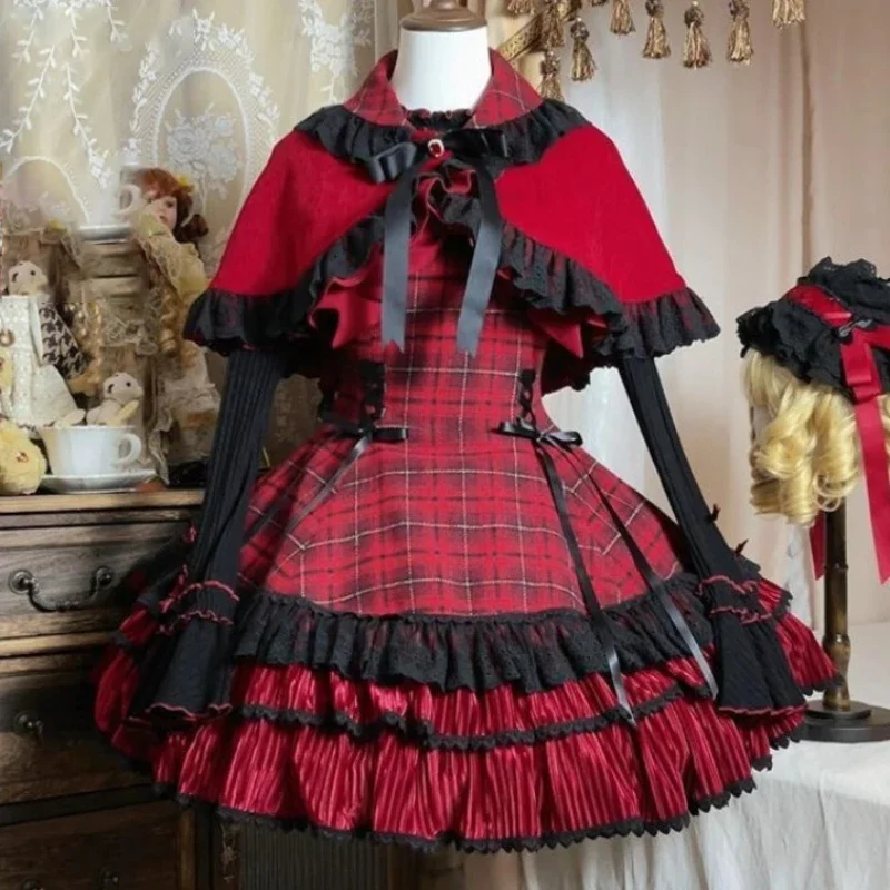 

Autumn Winter Japanese Kawaii Lolita Style 3 Piece Set Women Sweet Bow Peter Pan Collar Cloak Tops Plaid Mini Dress Korean Suit