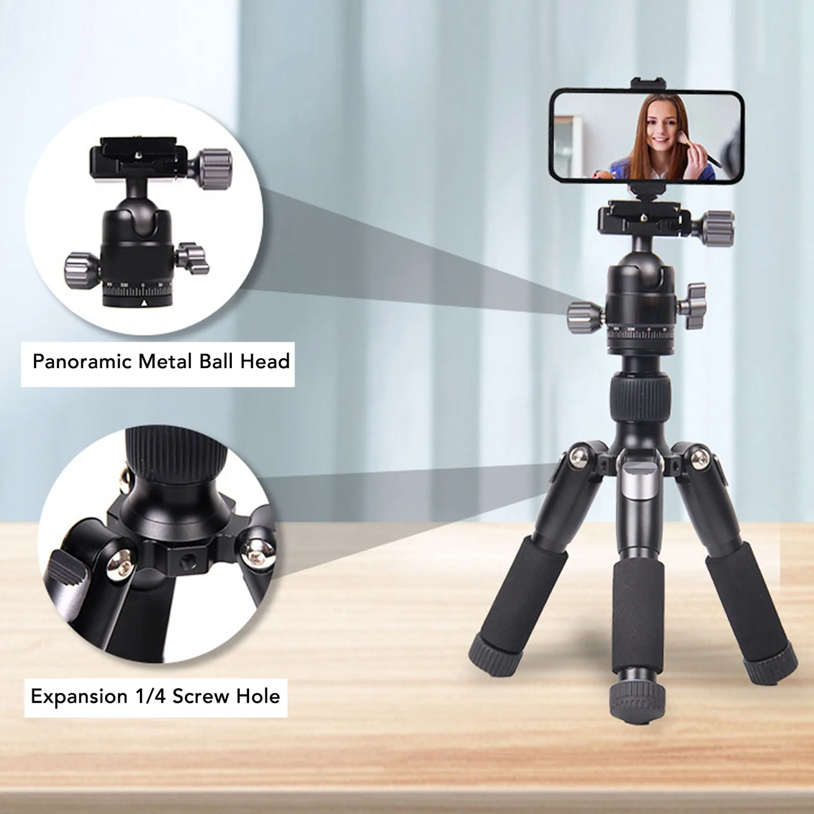 

Camera Tripod 360 Degree Ball Head Height Adjustable Lightweight Portable Tripod with Phone Clip Desktop Tripod