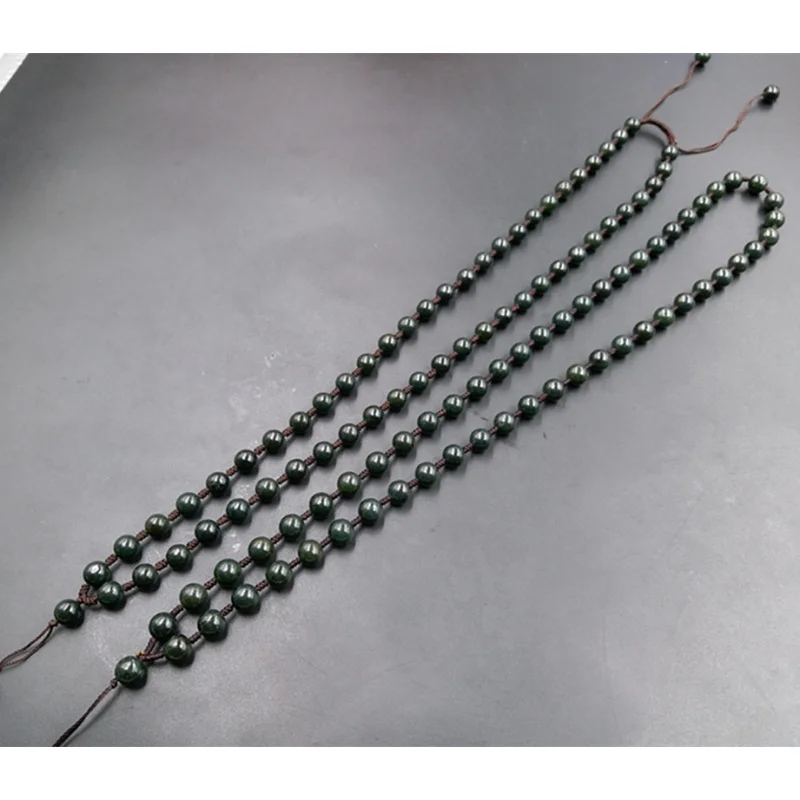 

Hand-woven 8mm Hetian green jade round bead necklace , adjustable hanging cord accessory