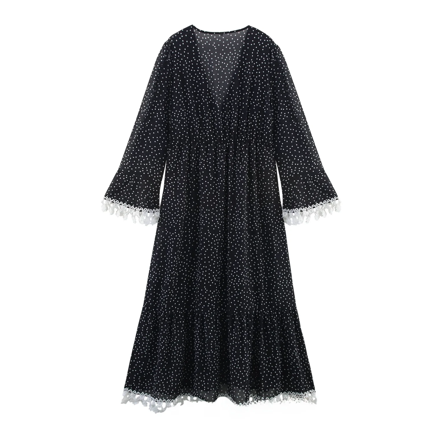 エレガントな水玉模様の花柄縁取りシングルボタンワンピース 秋の新作プラスサイズ婦人服 ストレートチューブスカート Vネック長袖