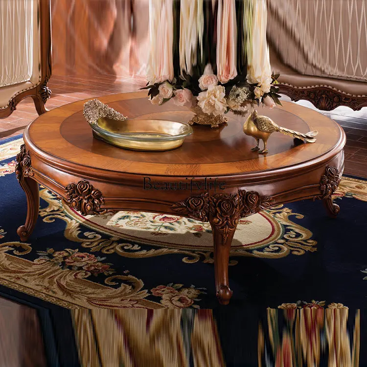 

American high-end round coffee table European carved solid wood coffee table Household tea table