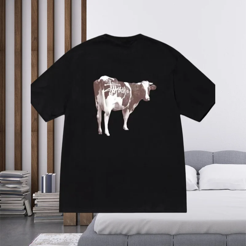 

25 Spring/Summer New Light Luxury Street Cow Printed Cotton Loose Casual Men's and Women's Versatile Round Neck T-shirt