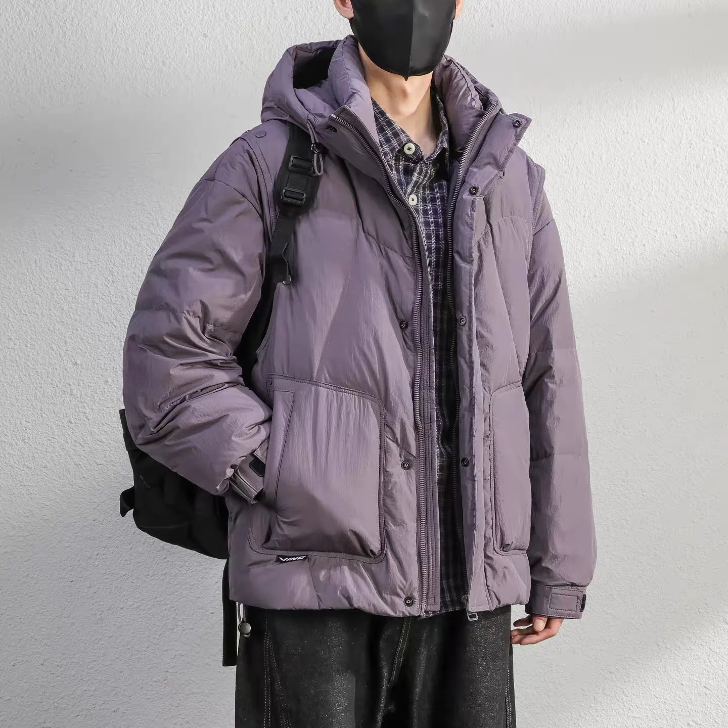

Men's Thiened Purple down Jaet Winter Warm Fce Lined Bread Sle Coat Casual Loose Fit Nylon Fabric Du down Filling