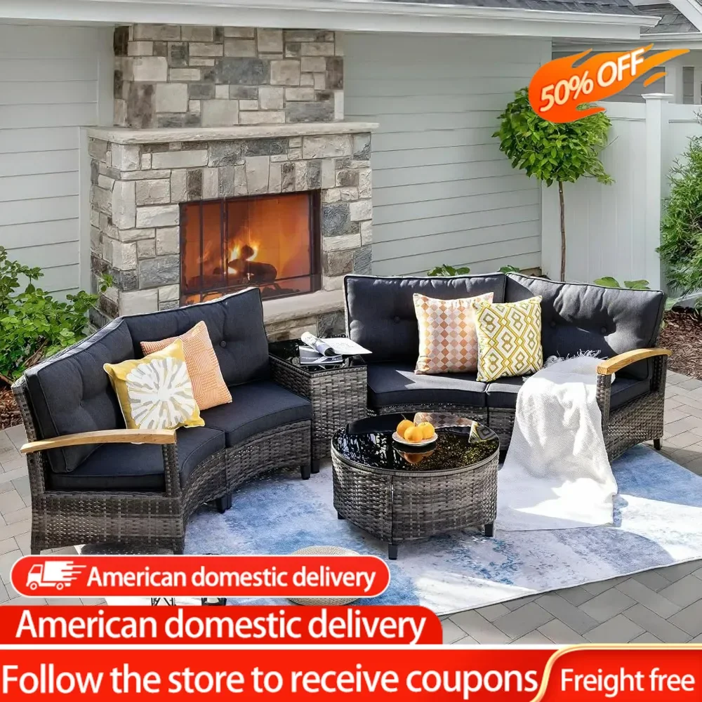 

6 Piece Outdoor Patio Furniture Set, Half-Moon Curved Sectional Sofa Rattan Patio Conversation Set with Wood Armrests,