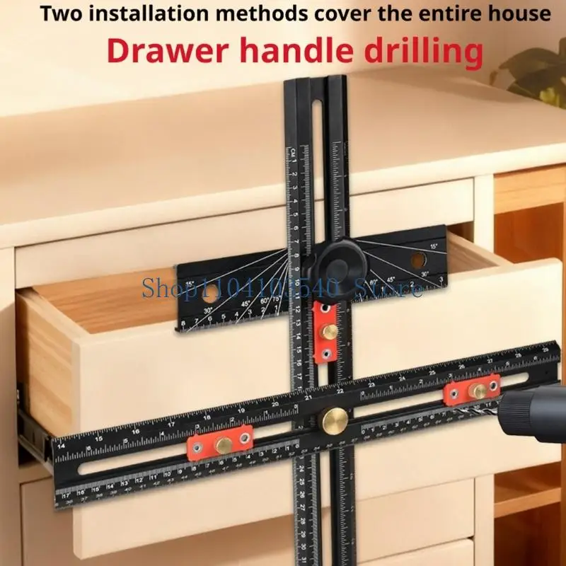 02DC Adjustable Handle Hole Positioning Ruler with Sliding Guides and T Base Reference Area for Cabinet Pull Layout and Door