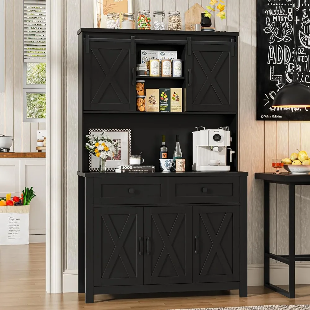67.7 Inch Farmhouse Pantry Storage Cabinet with Sliding Barn Doors, 2 Drawer Farmhouse Coffee Cabinet with Adjustable Shelf, Sid
