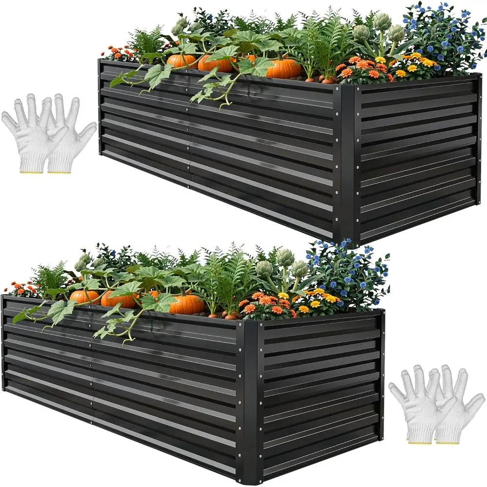 

Комплект из 2 больших приподнятых грядок 6x3x2 фута, оцинкованный металлический ящик-клумба с перчатками, колышками для грунта, опорными стержнями, для использования на улице, надземный