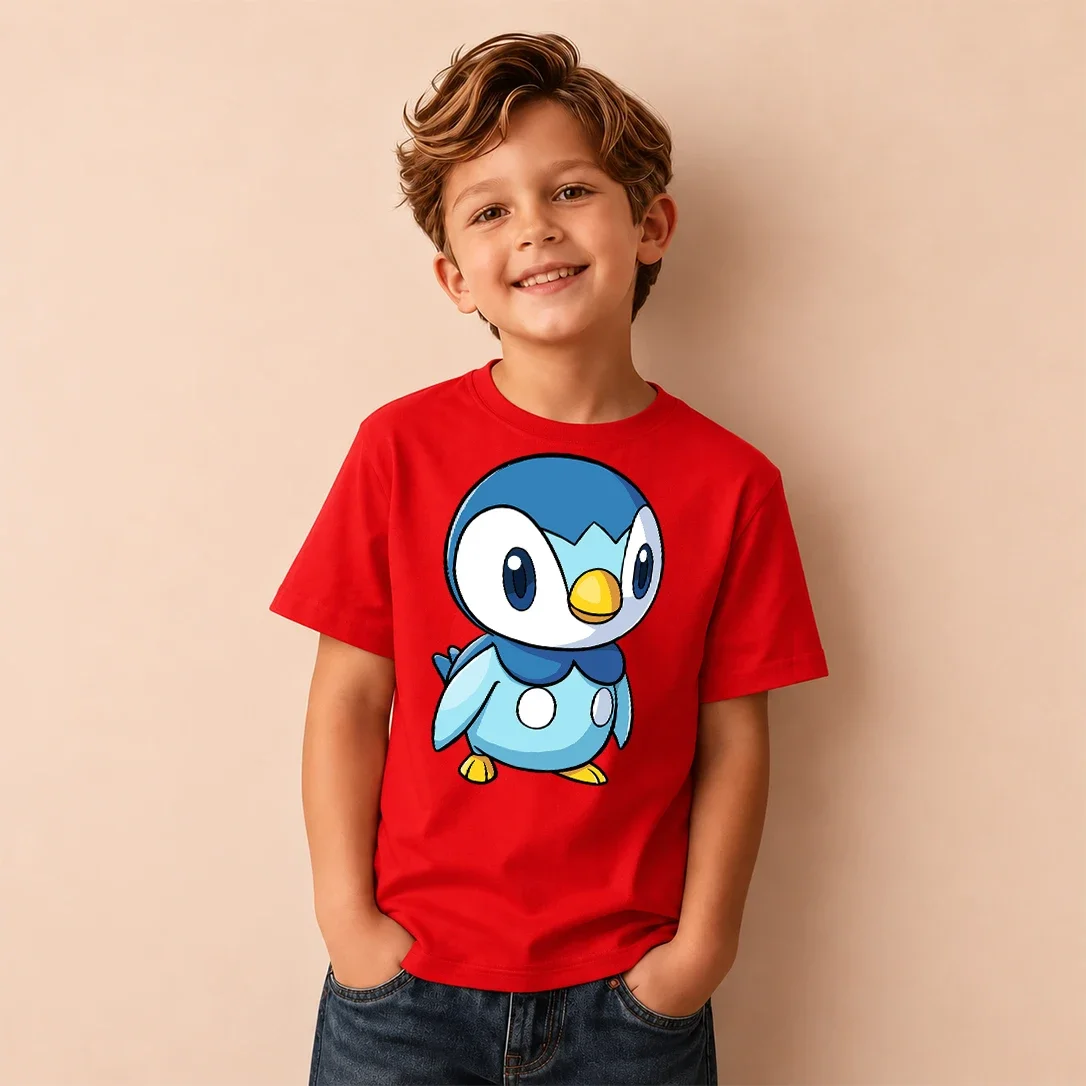 Kids Pokemon Piplup Print Short Sleeve T-Shirt Boys Cartoon Graphic Casual Tee Children Birthday Gift