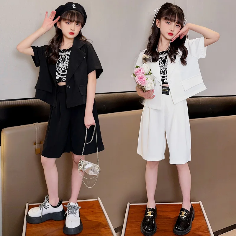 

teenage girls clothing shotrt Blazer jacket+Graffiti vest+shorts 3pcs 4-14 kids clothes set child outfit ensembles fille enfant