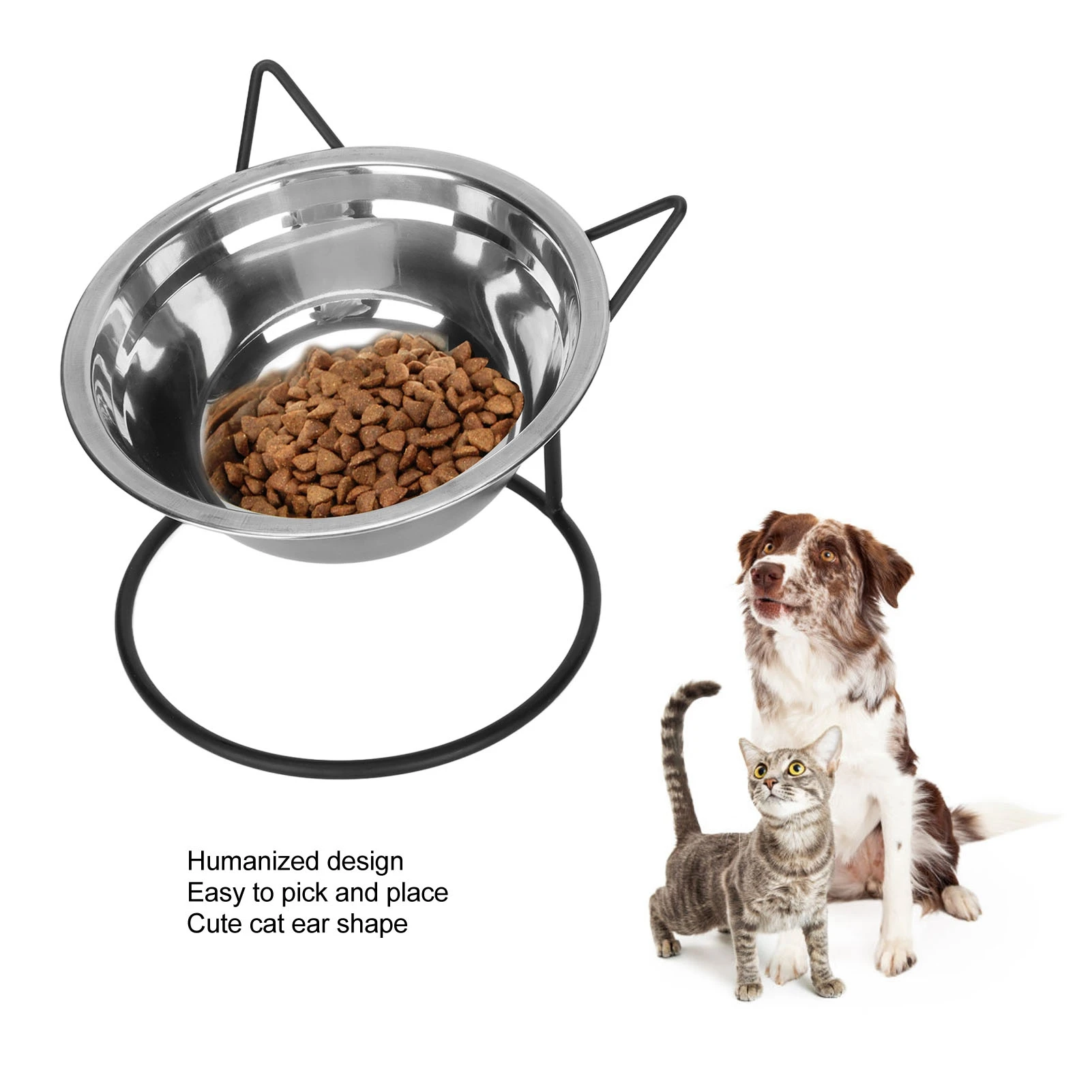 Pet Bowls Cute Cat Ears Shape Stainless Steel Elevated Dog Feeder Bowl With Stand For Cats Dogs