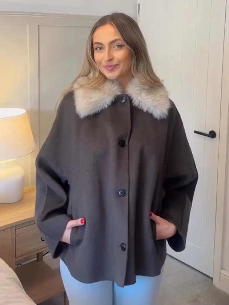 

HH Autumn Winter Fashion Faux Fur Collar Jackets For Women 2025 Female Single Breasted Patchwork Coats Chic Lady Streetwear