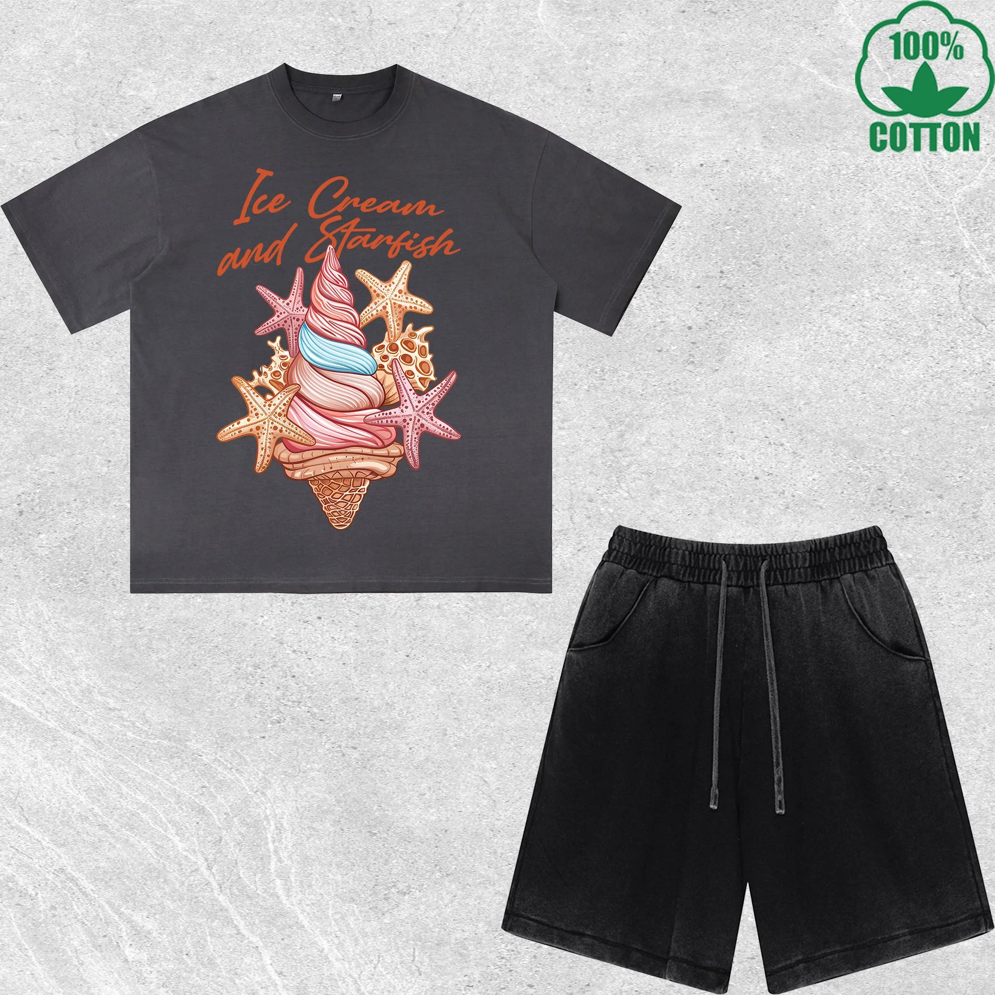 

Ice Cream and Starfish Printed Dirty Wash T-Shirt Shorts Set Multicolor Combo Loose Trendy Fashionable 100%Cotton