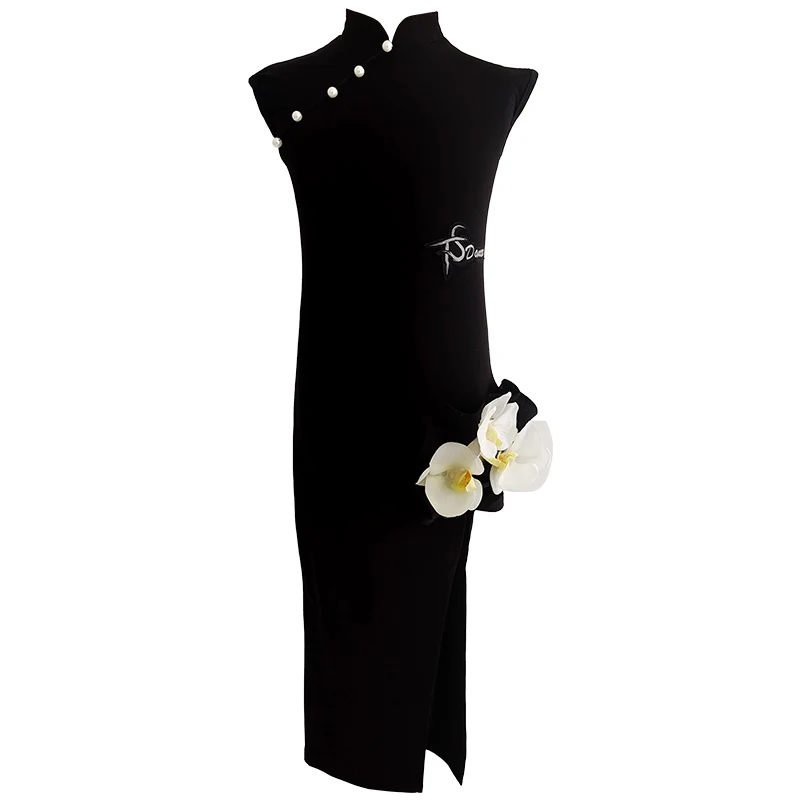 Latin dansjurk voor kinderen Meisjes Kinderen Zwart Competitie Afslanken Cheongsam Danskleding Retro Slanke training Prestatiekostuums