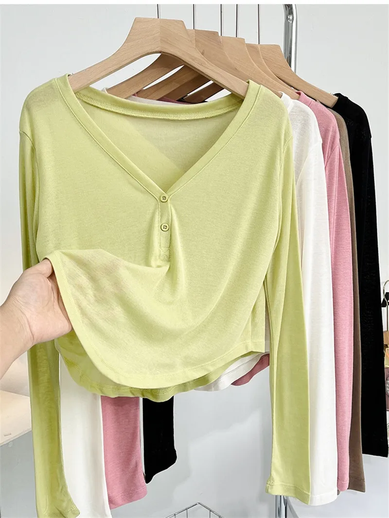 Loose Fit V-Neck High Waist Short T-Shirt Breathable Yoga Fitness Dance Wear Women's Transparent Long Sleeve Cotton Blend Top