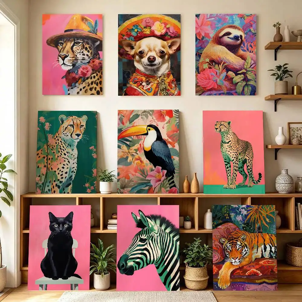 Tier-Dschungel-Poster mit Rosa Leopard und Tiger, Selbstklebende Kunst für Eingangsbereich, Restaurant, Wanddekoration, Kunstgemälde