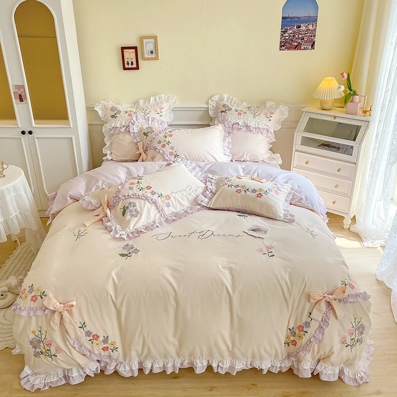 Korean Princess White Bedding Set, 100% Cotton Ruffle Bedspread Flower Embroidery Duvet Cover Bed Skirt,Pillowcases Home Textile