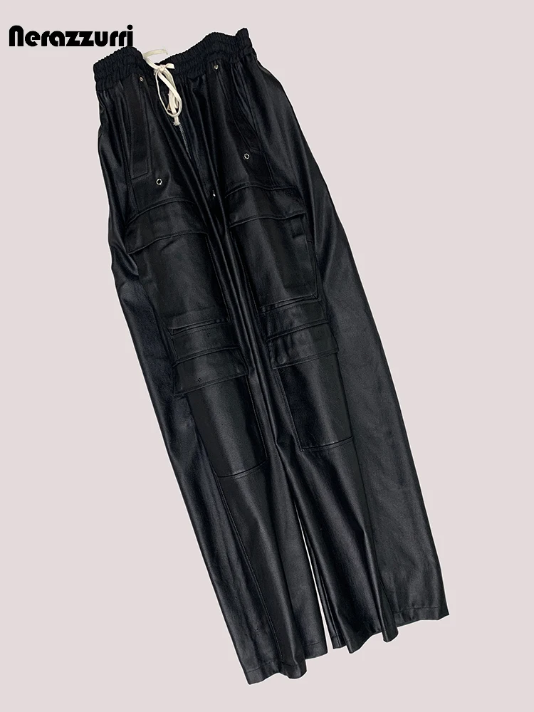 

Nerazzurri Autumn Long Black Pu Leather Wide Leg Pants for Men Drawstring Elastic Waist Luxury Designer European Fashion Clothes