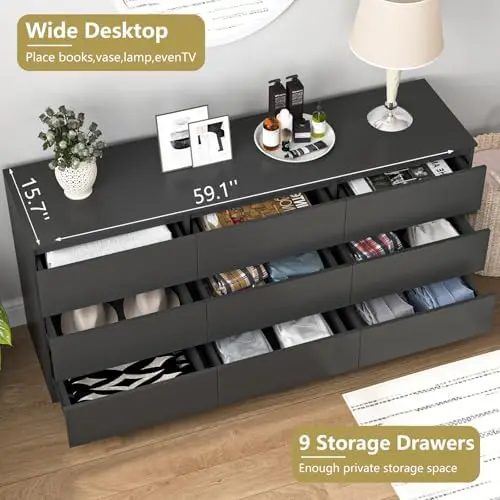 Black 9 Drawer Dresser for Bedroom, Long Dresser with Deep Drawer,Modern Wide Wood Storage Chest of Drawer, Bedroom - view 5