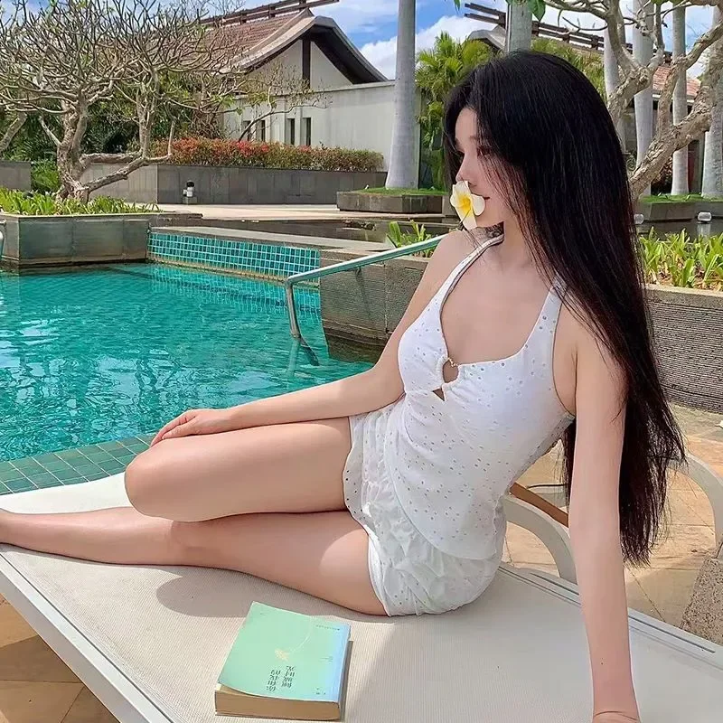 Women's Two Piece Swimsuit, Halter Neck Hollow Out Eyelet Ruffle Shorts, Sweet Korean Style Backless for Beach Vacation