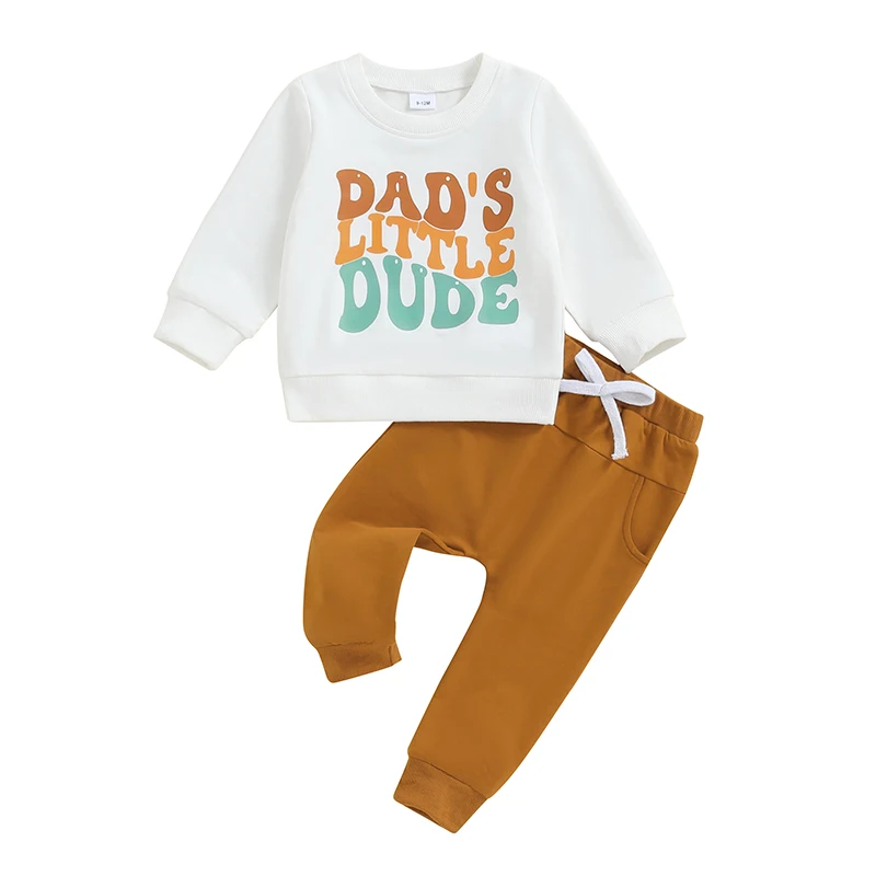 

Baby Boy Long Sleeve Tracksuit Set Letter Print Crew Neck Sweatshirt Top Solid Color Elastic Long Pants Set 2pcs Toddler Boy