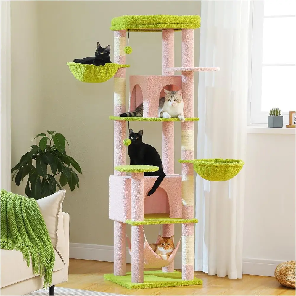 

70 Tall Cat Tree with Hammock, Scratching Posts, Condos, and Top Perches - Pink